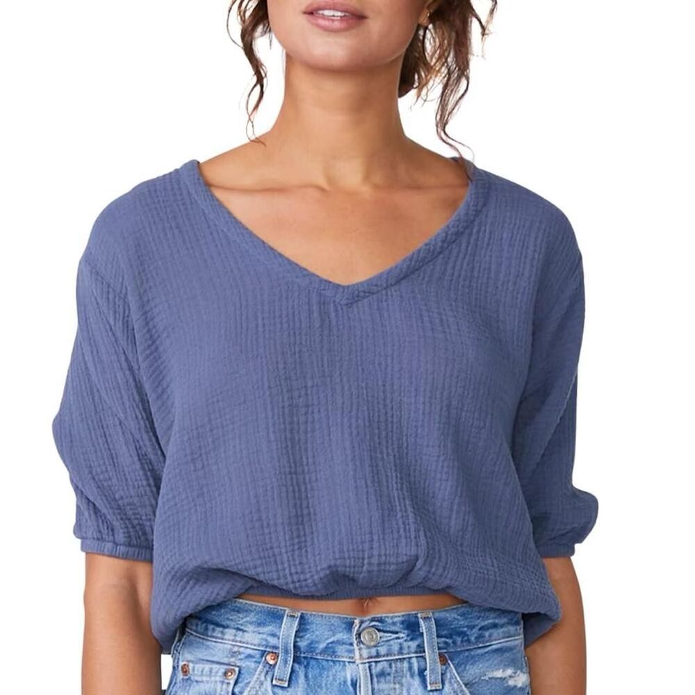 Monrow Voluminous V-Neck Gauze Top M Blue 100% Cotton Oversized NWT